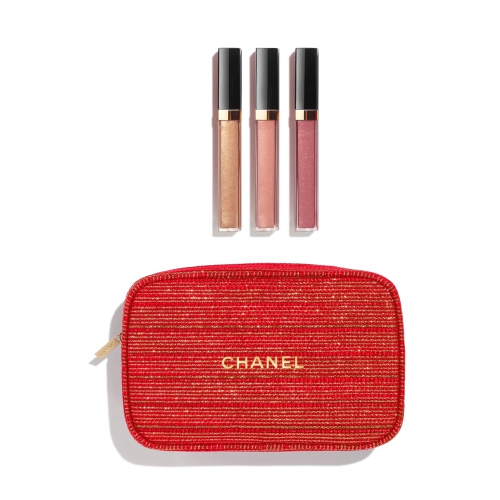 Chanel Sheer Genius Lipgloss Trio set w/ Chanel holiday tweed bag in red NWT